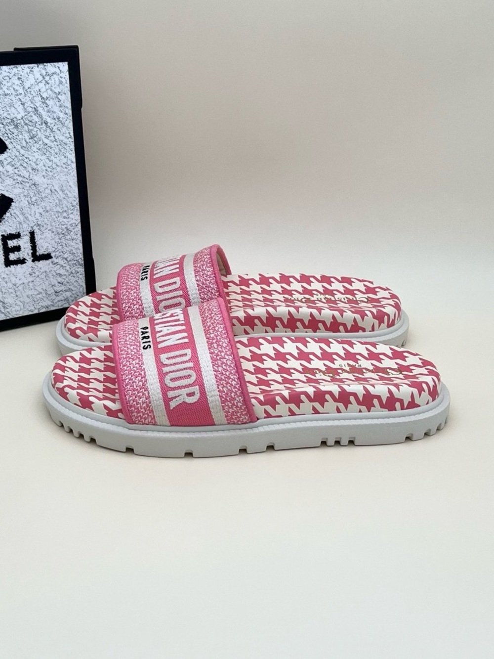 Dior Pink Houndstooth Logo Slide Sandals